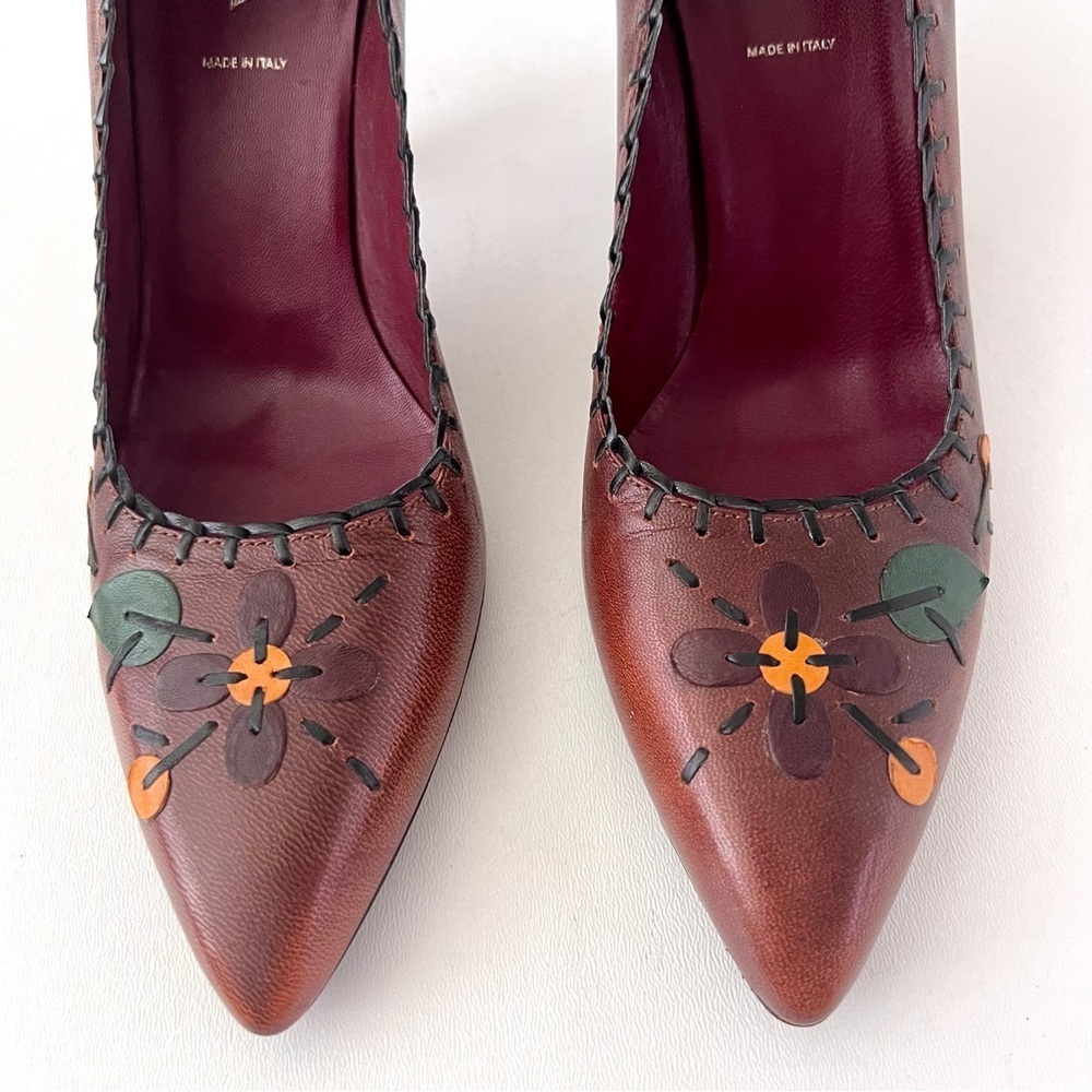 PRADA | Vintage Brown Red Leather Floral Stitch Appliqué Pointed‎ Pumps EU 38.5 - Picture 3 of 11